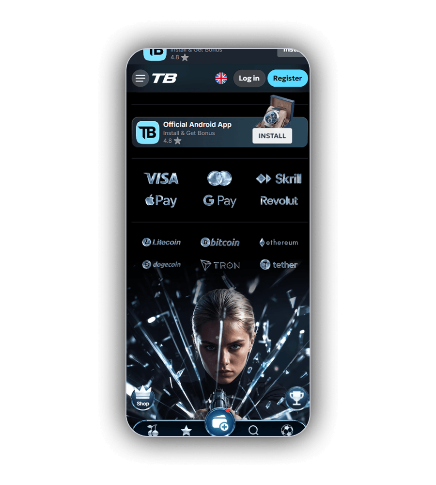 TweedBet footer on a phone with an Official Android App install card and payment logos for Visa, Mastercard, Skrill, Apple Pay, Google Pay, Revolut, Litecoin, Bitcoin, Ethereum, Dogecoin, TRON and Tether