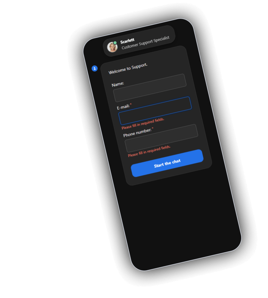 TweedBet support chat with Scarlett, Customer Support Specialist, a Welcome to Support greeting, Name, E-mail and Phone number fields with required field warnings and a blue Start the chat button