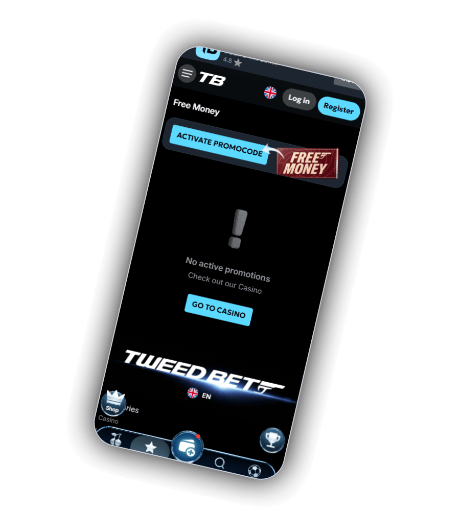 TweedBet Free Money page on a phone with a cyan Activate Promocode key beside a red Free Money ticket, a No active promotions notice and a Go to Casino button
