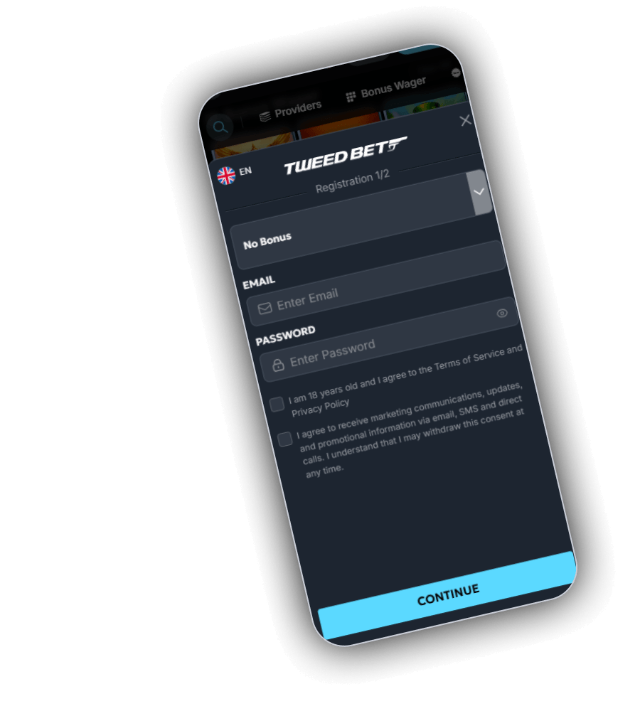 TweedBet Registration 1 of 2 form with a bonus selector set to No Bonus, Email and Password fields, two consent boxes and a Continue button