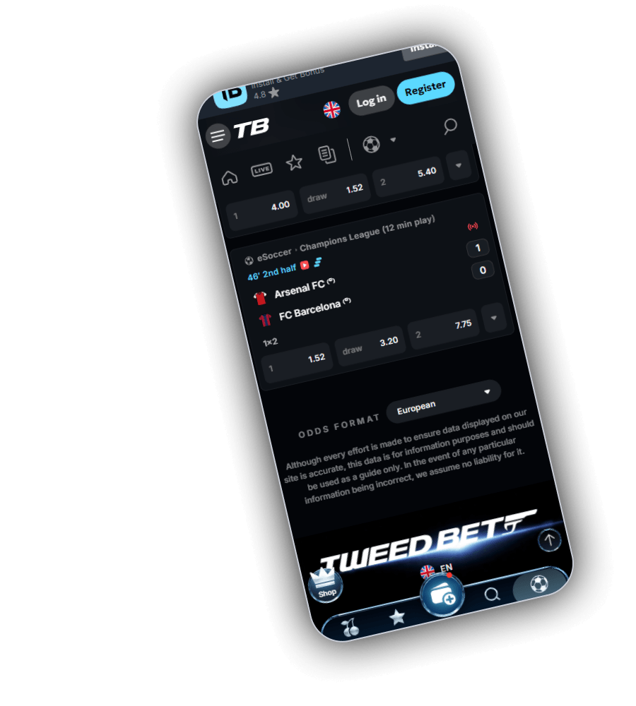 TweedBet sportsbook on a phone with an eSoccer Champions League match, Arsenal FC against FC Barcelona in the second half at 1 to 0, 1x2 odds and an odds format selector set to European