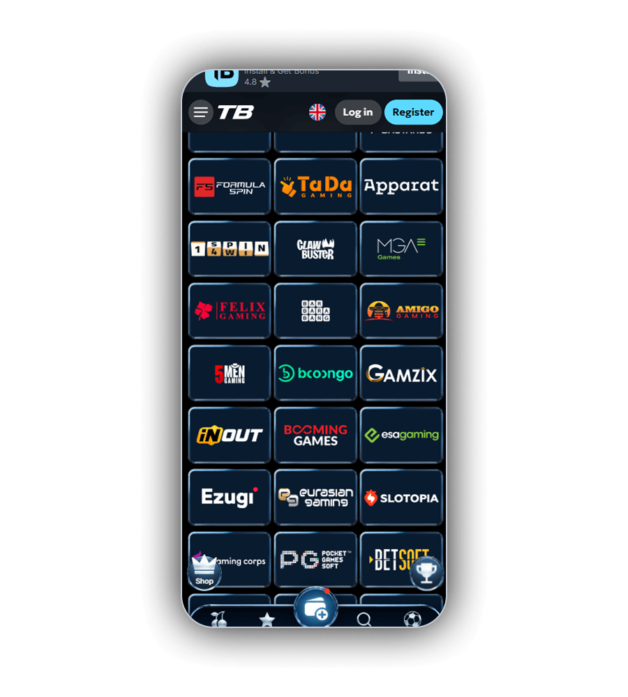 TweedBet Providers page on a phone showing a grid of studio logos including Formula Spin, TaDa Gaming, Apparat, Booongo, Booming Games, Ezugi and BetSoft